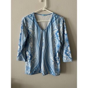 J. Mclaughlin Paisley Catalina Cloth Top V-Neck  3/4 Sleeve Blue White Pullover